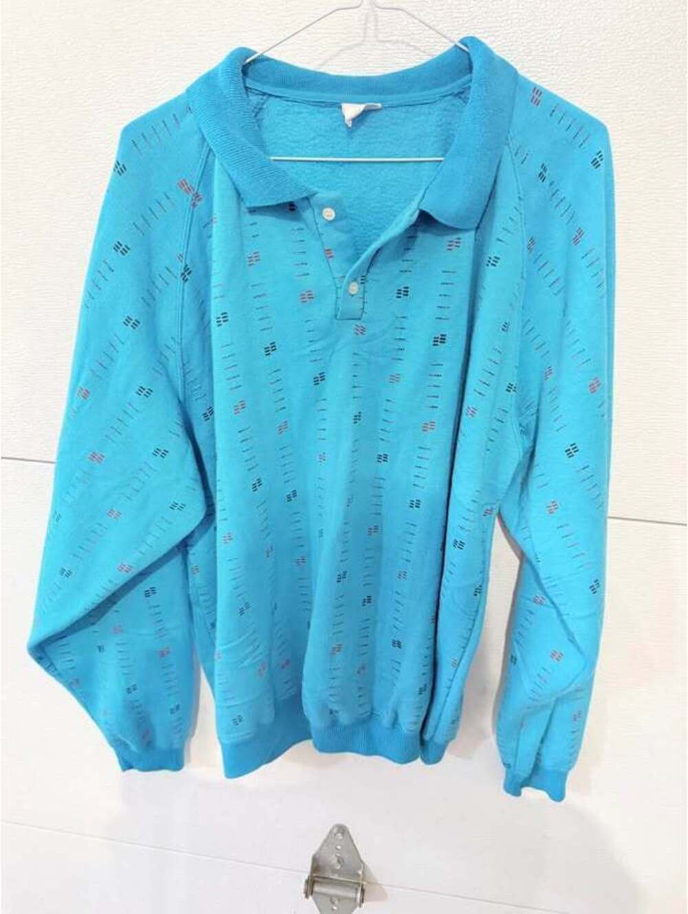 Vintage Blue Patterned Long Sleeve Polo Shirt Size Medium
